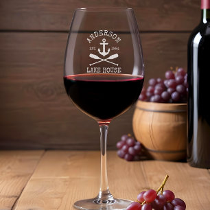 Nautical Anchor Oars Family Lake House Etched Wine Glass