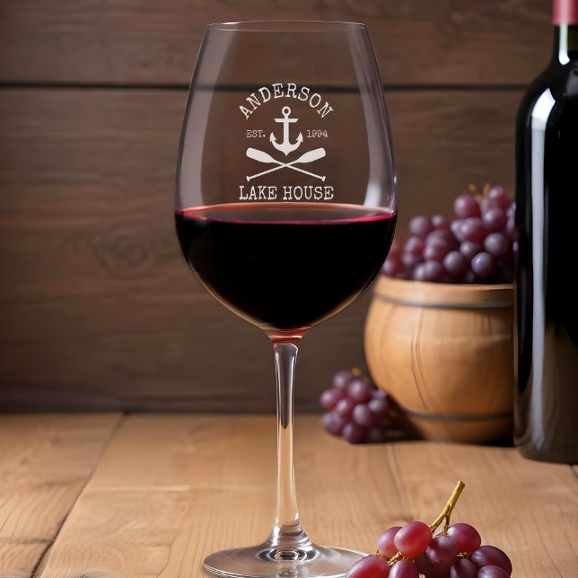 Nautical Anchor Oars Family Lake House Etched Wine Glass (Customize to change text size or text style.)
