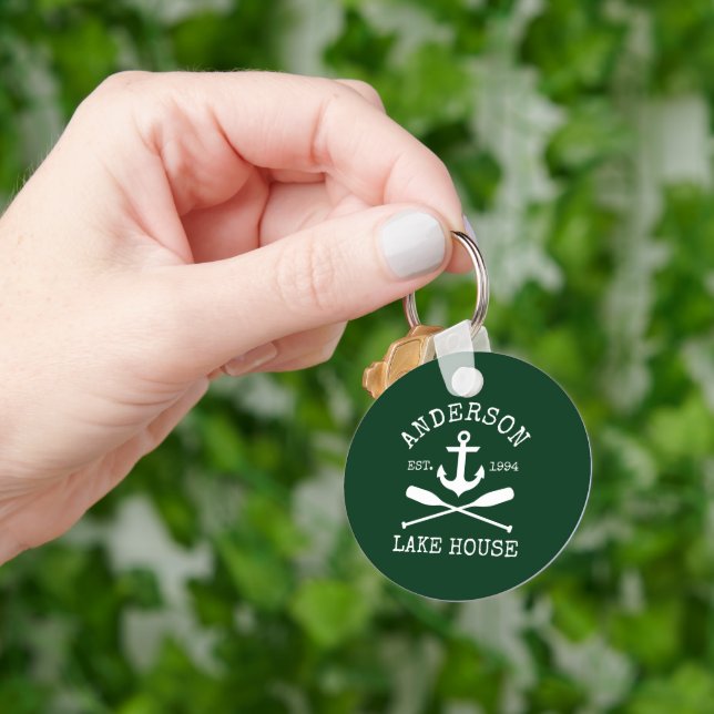 Nautical Anchor Oars Family Lake House Green Keychain (Hand)