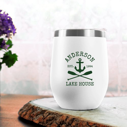 Nautical Anchor Oars Family Lake House Green Thermal Wine Tumbler