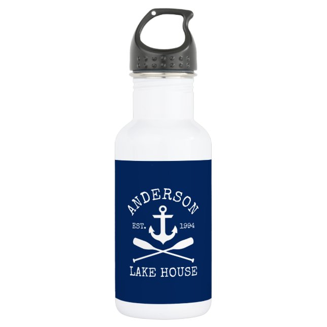Nautical Anchor Oars Family Lake House Navy Blue  Stainless Steel Water Bottle (Front)