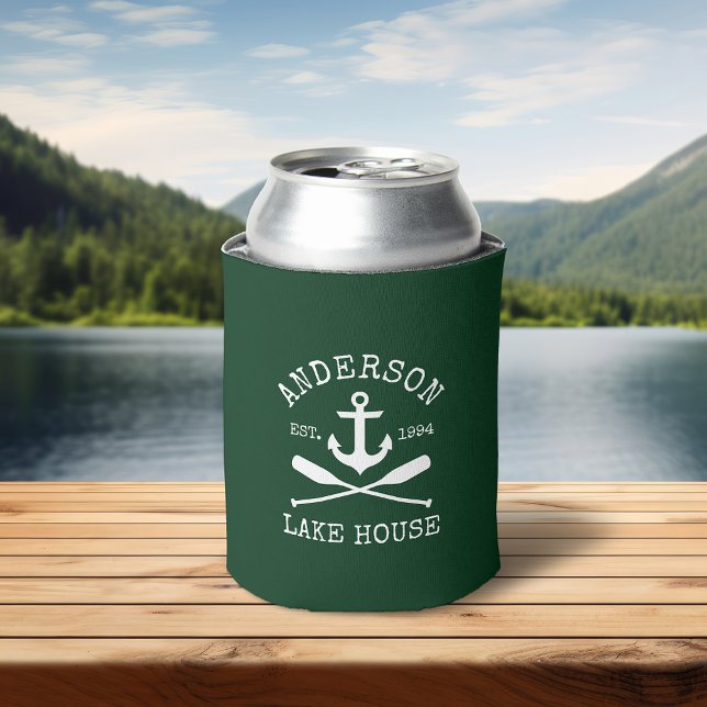 Nautical Anchor Oars Green Family Lake House Can Cooler (Customize to change text size or text style.)