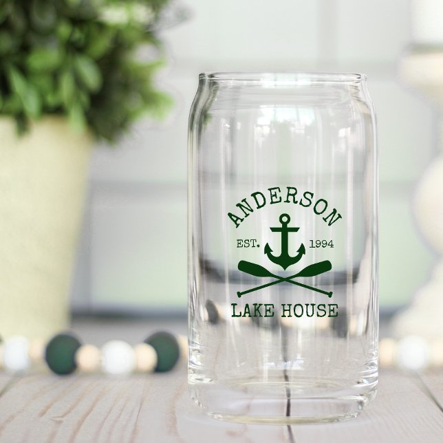 Nautical Anchor Oars Green Family Lake House Can Glass (Customize to change text color.)