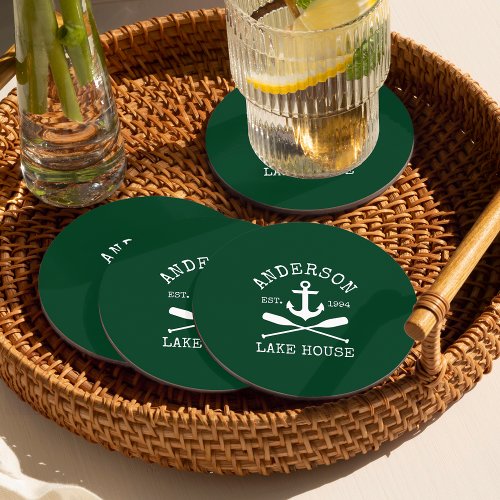 Nautical Anchor Oars Green Family Lake House Round Paper Coaster