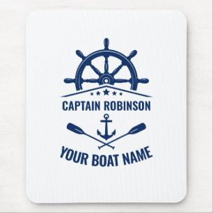 Nautical Anchor Oars Helm Captain & Boat Name Blue Mouse Pad