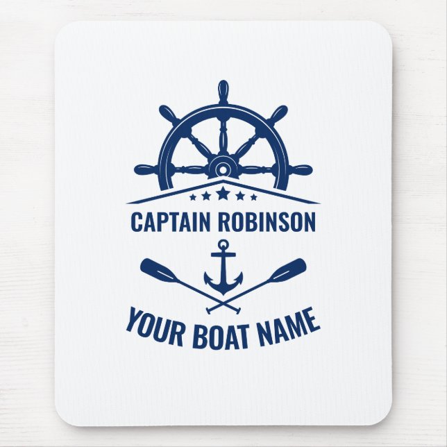 Nautical Anchor Oars Helm Captain & Boat Name Blue Mouse Pad (Front)