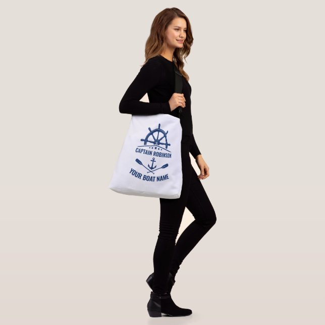 Nautical Anchor Oars Helm Captain Boat Name Navy Crossbody Bag (On Model)