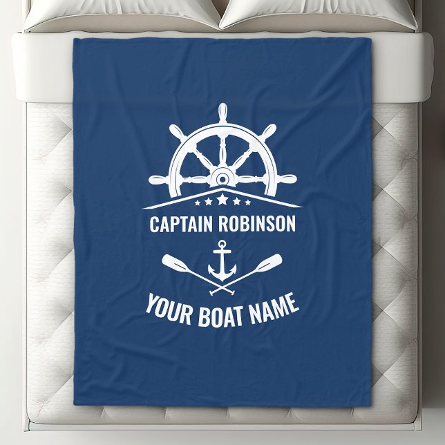 Nautical Anchor Oars Helm Captain & Boat Name Navy Fleece Blanket (Edit to easily change the primary color if needed.)