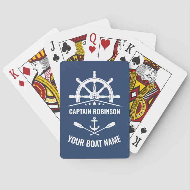 Nautical Anchor Oars Helm Captain & Boat Name Navy Poker Cards (Back)