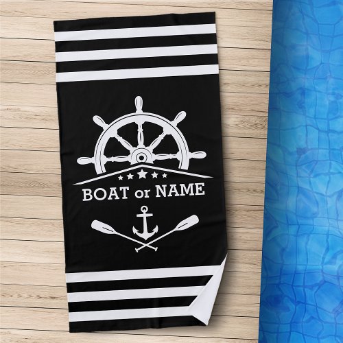 Nautical Anchor Oars Helm Your Name Black  White Beach Towel