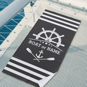 Nautical Anchor Oars Helm Your Name Gray & White Beach Towel