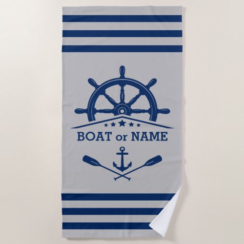 Nautical Anchor Oars Helm Your Name Navy on Gray Beach Towel