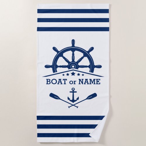 Nautical Anchor Oars Helm Your Name Navy on White Beach Towel