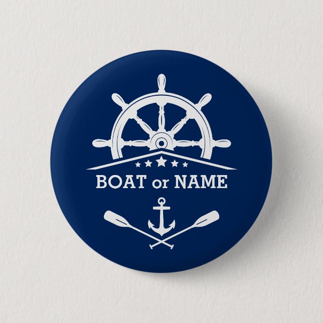 Nautical Anchor Oars Helm Your Name or Boat Navy Button (Front)