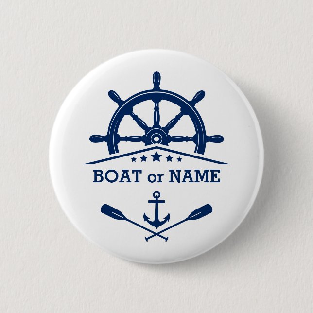Nautical Anchor Oars Helm Your Name or Boat White Button (Front)