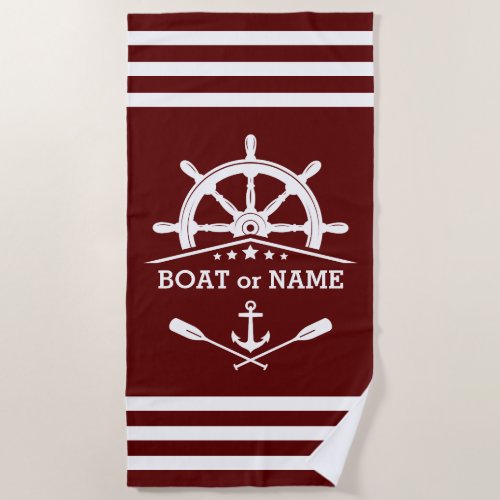 Nautical Anchor Oars Helm Your Name Red  White Beach Towel