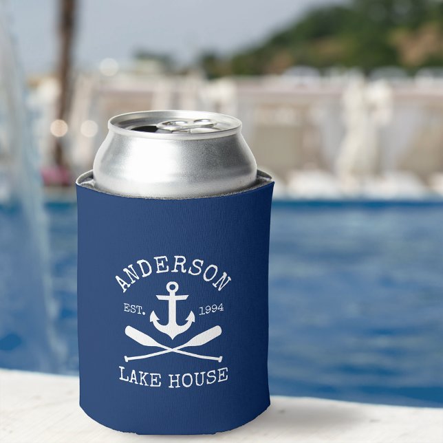 Nautical Anchor Oars Navy Blue Family Lake House Can Cooler (Customize to change text size or text style.)
