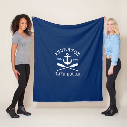 Nautical Anchor Oars Navy Blue Family Lake House Fleece Blanket