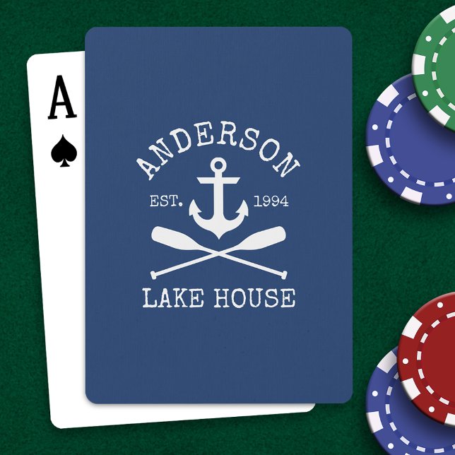 Nautical Anchor Oars Navy Blue Family Lake House Poker Cards (Customize to change background color.)