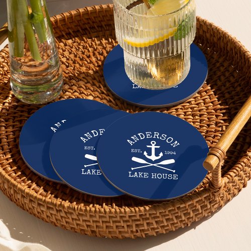 Nautical Anchor Oars Navy Blue Family Lake House Round Paper Coaster