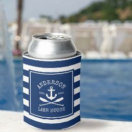 Nautical Anchor Oars Navy Blue Lake House Striped Can Cooler