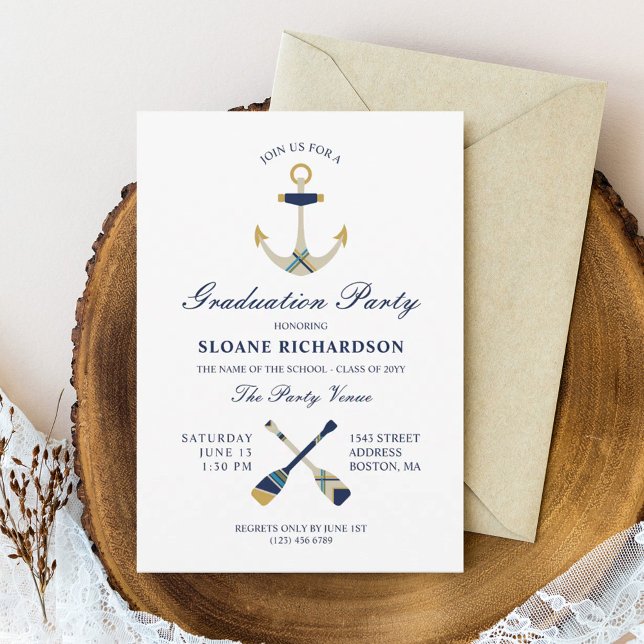Nautical Anchor & Oars Navy Graduation Party Invitation (Creator Uploaded)