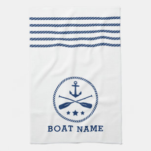 Nautical Anchor Oars Stars Boat Name Blue White Kitchen Towel