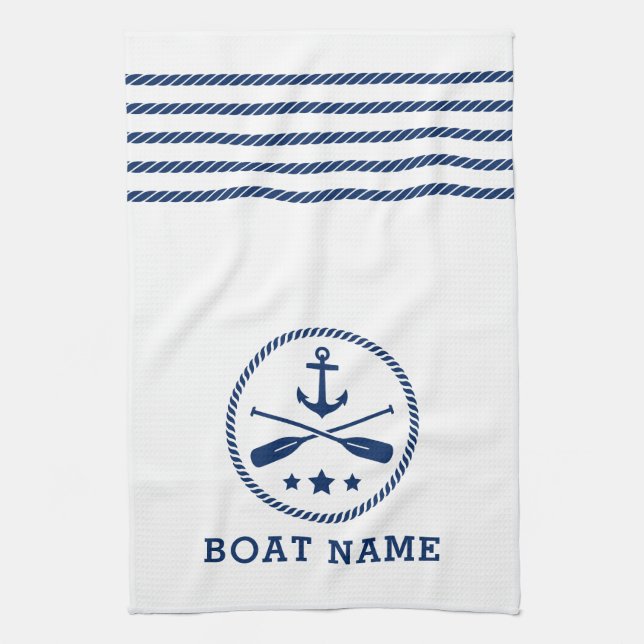 Nautical Anchor Oars Stars Boat Name Blue White Kitchen Towel (Vertical)