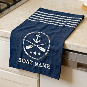 Nautical Anchor Oars Stars Boat Name Sea Blue Kitchen Towel