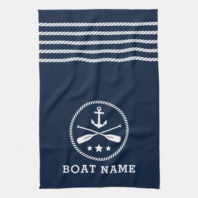 Nautical Anchor Oars Stars Boat Name Sea Blue Kitchen Towel (Vertical)