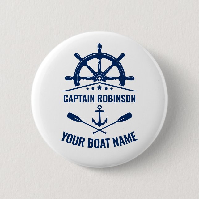 Nautical Anchor Oars Wheel Captain & Boat Name Button (Front)