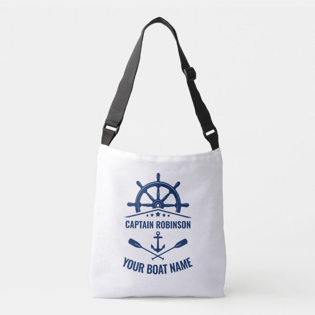 Nautical Anchor Oars Wheel Captain & Boat Name Crossbody Bag (Front)