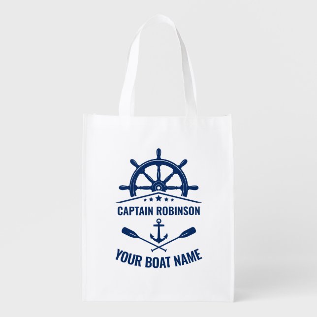 Nautical Anchor Oars Wheel Captain & Boat Name Grocery Bag (Front)