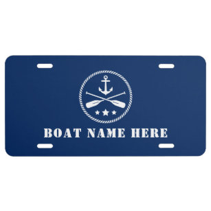Nautical Anchor & Oars Your Boat Name Navy Blue License Plate