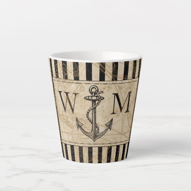 Nautical Anchor Old World Map Black Monogram Latte Mug (Front)