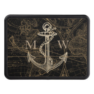 Nautical Anchor Old World Map Monogram Black Hitch Cover