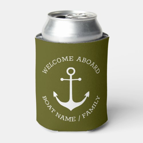 Nautical anchor olive green custom boat name text  can cooler