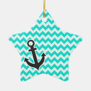 Nautical Anchor on Aqua Color Chevron Ceramic Ornament