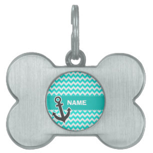 Nautical Anchor on Aqua Color Chevron Pet ID Tag