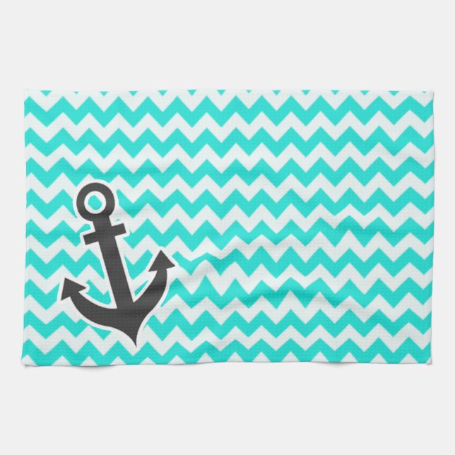 Nautical Anchor on Aqua Color Chevron Towel (Horizontal)