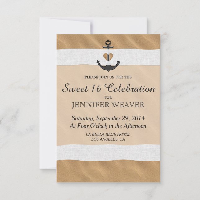 Nautical Anchor On Beach Sand and White Ribbon Invitation (Front)