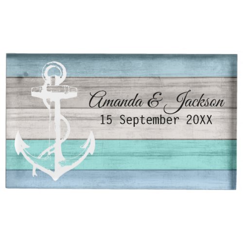 Nautical _ Anchor on Blue Beach Wood  Place Card Holder