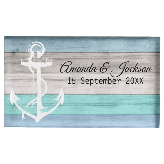 Nautical - Anchor on Blue Beach Wood  Place Card Holder (Front)