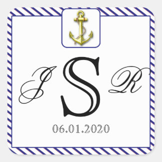 Nautical Anchor on Blue Stripe Wedding Monogram Square Sticker