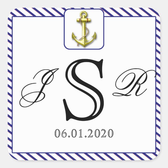 Nautical Anchor on Blue Stripe Wedding Monogram Square Sticker (Front)