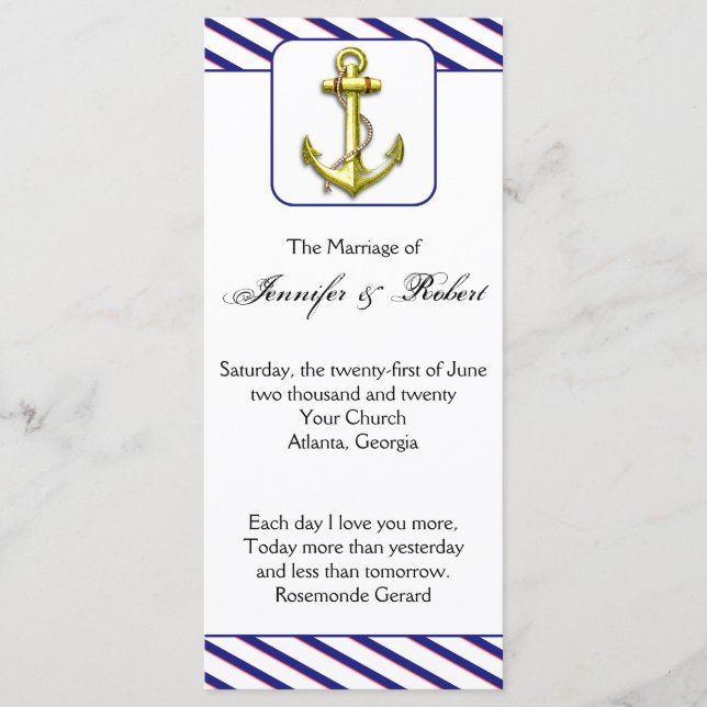 Nautical Anchor on Blue Stripe Wedding Program (Front)