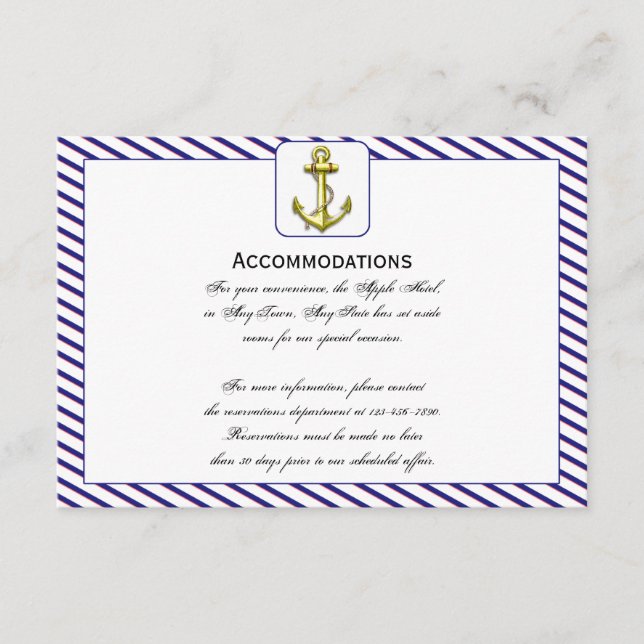 Nautical Anchor on Blue Wedding Accomodations Enclosure Card (Front)