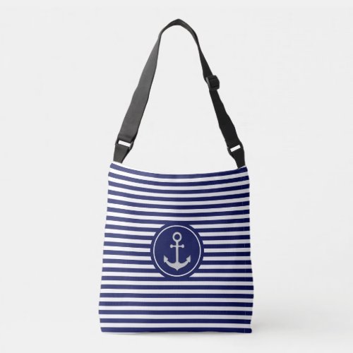 Nautical Anchor on Blue  White Striped Crossbody Bag