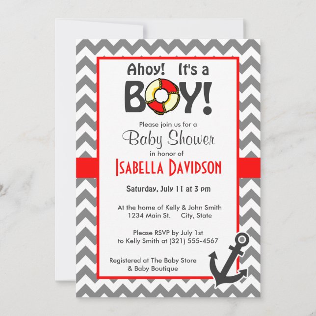 Nautical Anchor on Dark Gray Chevron Invitation (Front)