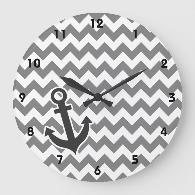 Nautical Anchor on Dark Gray Chevron Large Clock (Front)